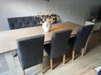 1 eetkamerbankje + 3 eetkamerstoelen (6 personen), Huis en Inrichting, Stoelen, Ophalen, Gebruikt, Vijf, Zes of meer stoelen, Stof