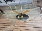 Glazen salontafel met goud accent, Ophalen, Gebruikt, 100 tot 150 cm, 50 tot 100 cm