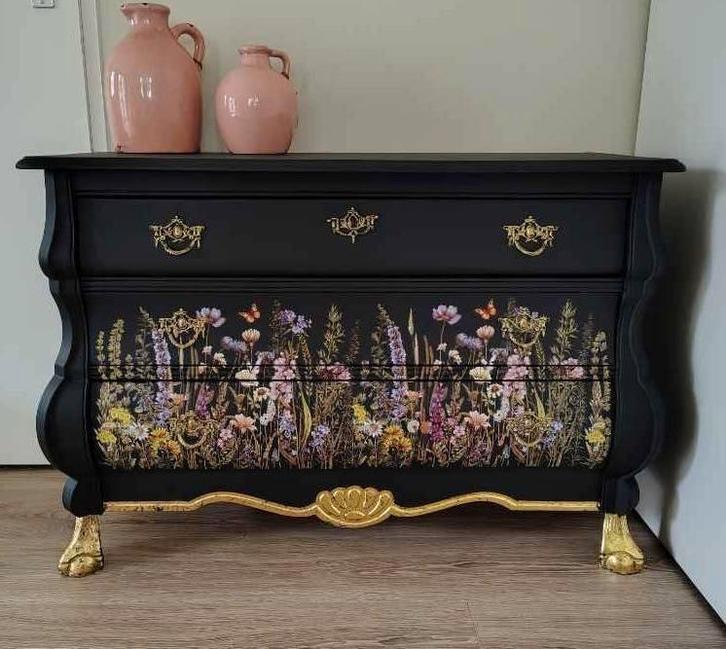 Zwarte Buikkast met Botanische Print, Huis en Inrichting, Kasten | Ladekasten, Gebruikt, 200 cm of meer, 100 tot 150 cm, 50 tot 75 cm