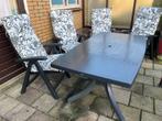Tuinset donkergrijze Hartman tafel en 4 stoelen met kussens, Ophalen, 4 zitplaatsen, Kunststof, Gebruikt