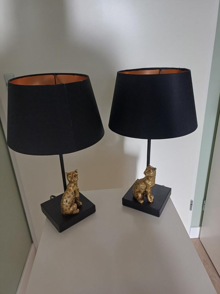 Set tafellampen zwart met goedkleurige panter, Ophalen of Verzenden, Zo goed als nieuw, Minder dan 50 cm