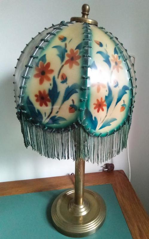 Koperen dertiger jaren tafel schemerlamp met mica kap, Antiek en Kunst, Antiek | Lampen, Ophalen of Verzenden