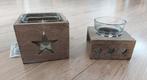 Houten grijs-wash waxinelichtje met ster en hartjes, Overige materialen, Overige kleuren, Nieuw, Ophalen of Verzenden