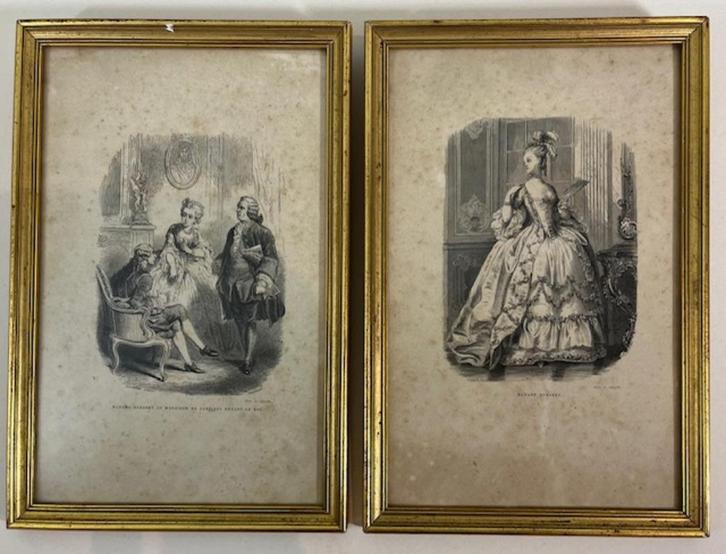 Antieke Franse set lijsten lithografieën Madame Dubarry, Huis en Inrichting, Woonaccessoires | Lijsten, Gebruikt, Minder dan 50 cm