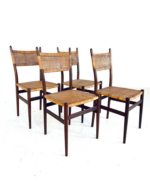 Set van 4 vintage teak & rotan eetkamerstoelen ‘60, Huis en Inrichting, Stoelen, Zo goed als nieuw, Vier, Hout, Riet of Rotan