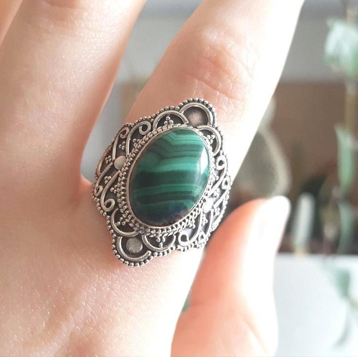 925 sterling zilveren malachiet edelsteen ring, Sieraden, Tassen en Uiterlijk, Ringen, Nieuw, Dame, 18 tot 19, Zilver, Zilver