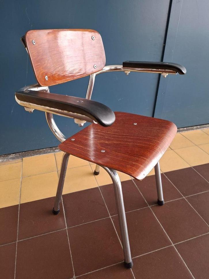 Vintage Gispen kinderstoel schoolstoel buisframe chroom, Huis en Inrichting, Stoelen, Gebruikt, Eén, Hout, Metaal, Bruin, Ophalen of Verzenden