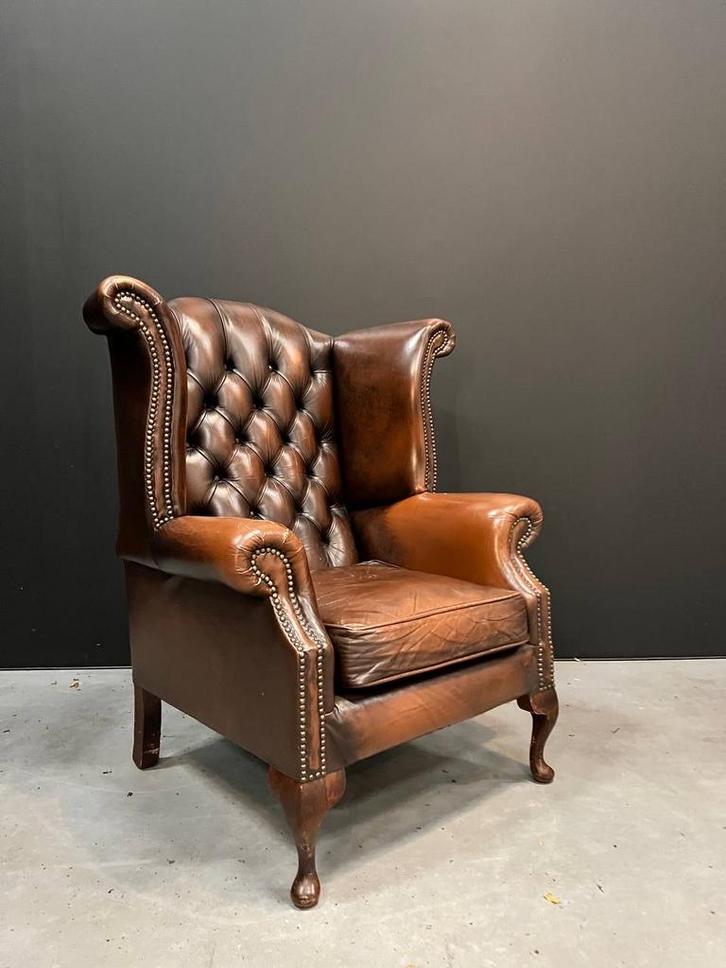 Vintage Chesterfield Oorfauteuil - Comfortabel!, Huis en Inrichting, Fauteuils, Gebruikt, Leer, 75 tot 100 cm, Ophalen