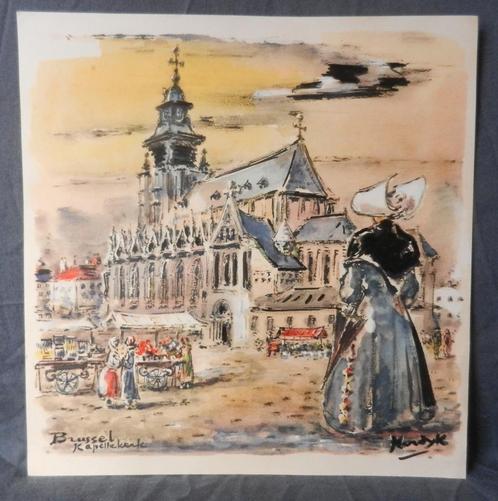Kleurenlitho met zwart Brussel Kapellekerk Gerard Hordijk, Antiek en Kunst, Kunst | Litho's en Zeefdrukken, Ophalen of Verzenden