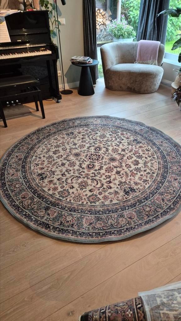 Perzisch tapijt rond, Huis en Inrichting, Stoffering | Tapijten en Kleden, Zo goed als nieuw, Rond, Beige, Groen, Ophalen