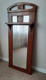 Antieke hal/schouw spiegel, eikenhouten lijst, geslepen glas, Ophalen, Rechthoekig, Minder dan 50 cm, 100 tot 150 cm