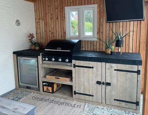 Houten buitenkeuken gas bbq koelkast mancave steigerhout, Tuin en Terras, Buitenkeukens, Nieuw, Gas, Inbouw, Vrijstaand, Ophalen of Verzenden