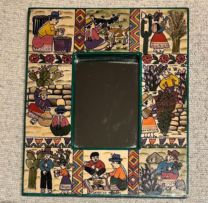 Handbeschilderd spiegel Artes de Saraua volkskunst jaren ‘60, Antiek en Kunst, Antiek | Spiegels, Minder dan 50 cm, Rechthoekig