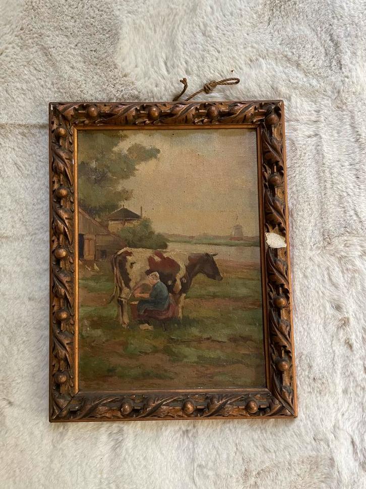 Oud schilderij: Melkende boerin met koe, Antiek en Kunst, Kunst | Schilderijen | Klassiek, Ophalen of Verzenden