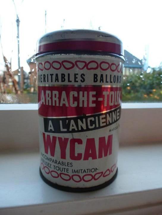 Blik Wycam's echte oude borstbollen Arrache-toux, Verzamelen, Blikken, Gebruikt, Overige, Overige merken, Ophalen of Verzenden