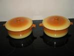 2 stuks parafeu petrus regout ovenschalen met deksel oranje, Ophalen, Gebruikt, Keramiek, Schaal of Schalen