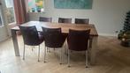 eettafel notenhout met rvs met 6 stoelen (200 x 95x 75 cm), Huis en Inrichting, Ophalen, Gebruikt, 200 cm of meer, 50 tot 100 cm
