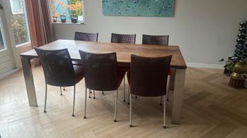 eettafel notenhout met rvs met 6 stoelen (200 x 95x 75 cm) beschikbaar voor biedingen