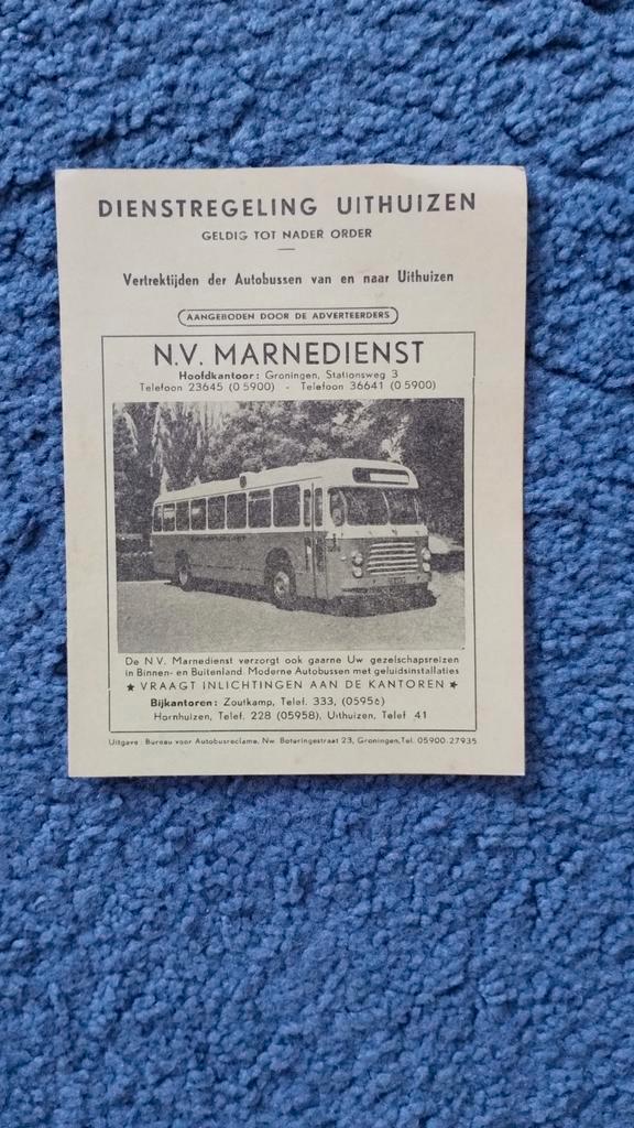 Oude dienstregeling N.V. Marnedienst Uithuizen, Verzamelen, Spoorwegen en Tramwegen, Gebruikt, Bus of Metro, Boek of Tijdschrift