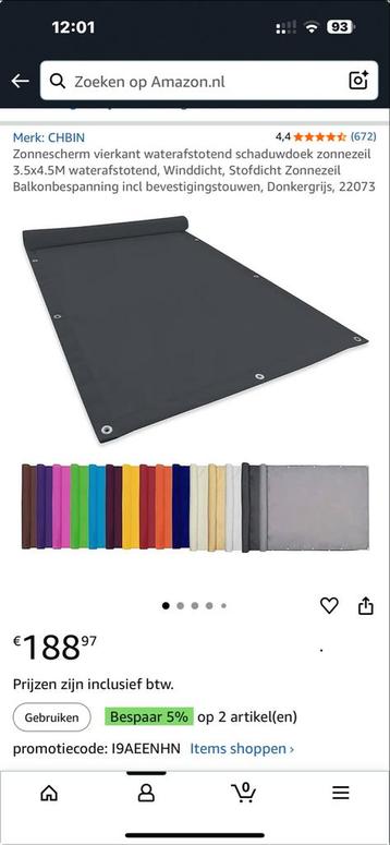 Nieuw Schaduwdoek 3.5x4.5m Donkergrijs beschikbaar voor biedingen