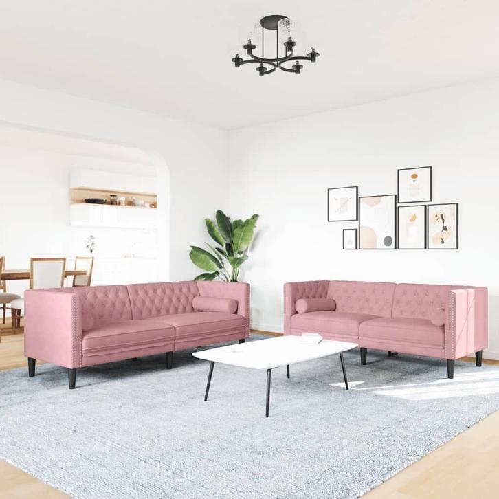 2-delige Loungeset Chesterfield met bolsters roze, Huis en Inrichting, Banken | Bankstellen, Nieuw, Rechte bank, Vierpersoons of meer