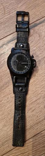Fossil JR-1223 Black Chronograph Watch VTG Genuine Leather S, Staal, Fossil, Polshorloge, Ophalen of Verzenden