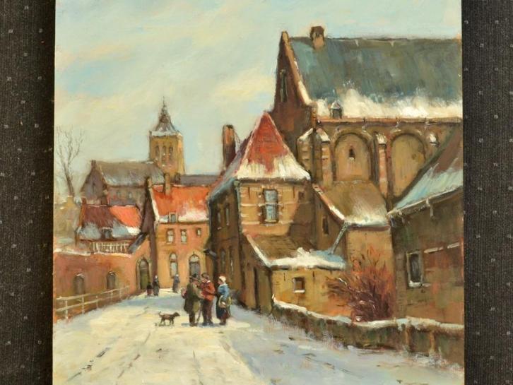 Hans Mijnsbergen – Winters stadsgezicht, olieverf op paneel, Antiek en Kunst, Kunst | Schilderijen | Klassiek, Ophalen of Verzenden