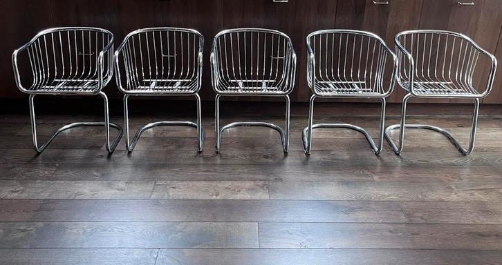 5x vintage buisframe draadstoelen Chroom/ Chrome, Huis en Inrichting, Stoelen, Gebruikt, Ophalen