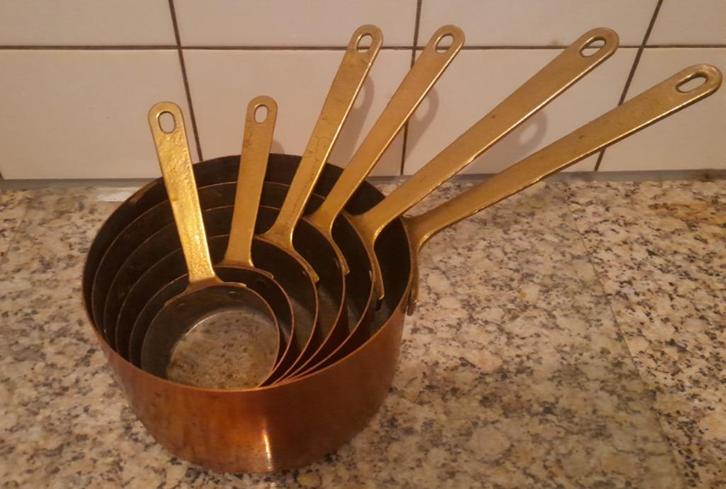 Vintage 6delige Koperen Steelpannen set, in perfecte staat, Huis en Inrichting, Keuken | Potten en Pannen, Zo goed als nieuw, Pannenset