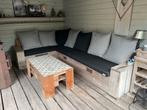 Steigerhouten Hoekbank met Nofruit Kussens + pellettafel, Ophalen, Zo goed als nieuw, Hout, Bank