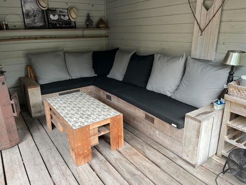Steigerhouten Hoekbank met Nofruit Kussens + pellettafel, Tuin en Terras, Tuinsets en Loungesets, Zo goed als nieuw, Hout, Bank