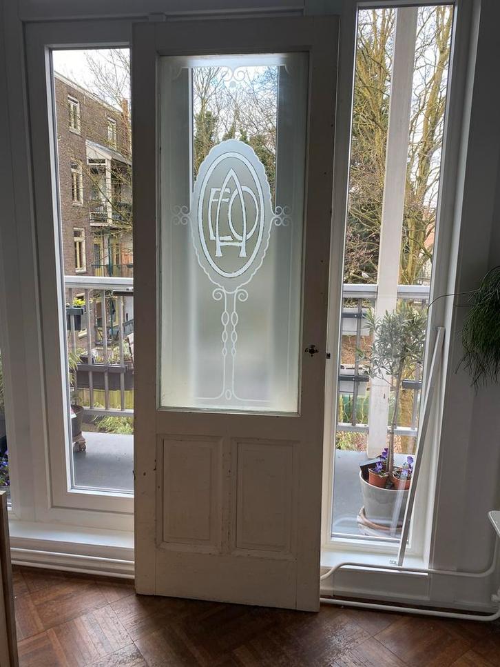 Antieke paneeldeur geëtst en gezandstraald glas, Doe-het-zelf en Verbouw, Deuren en Horren, Binnendeur, 200 tot 215 cm, Glas, Ophalen