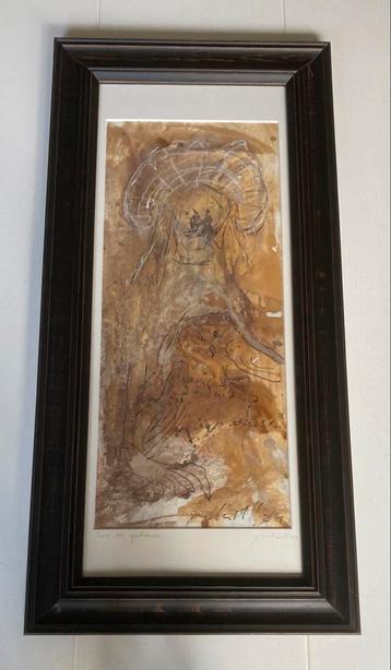 Gouache van  Michel Pol - Polart 2004 vrouw met uil beschikbaar voor biedingen