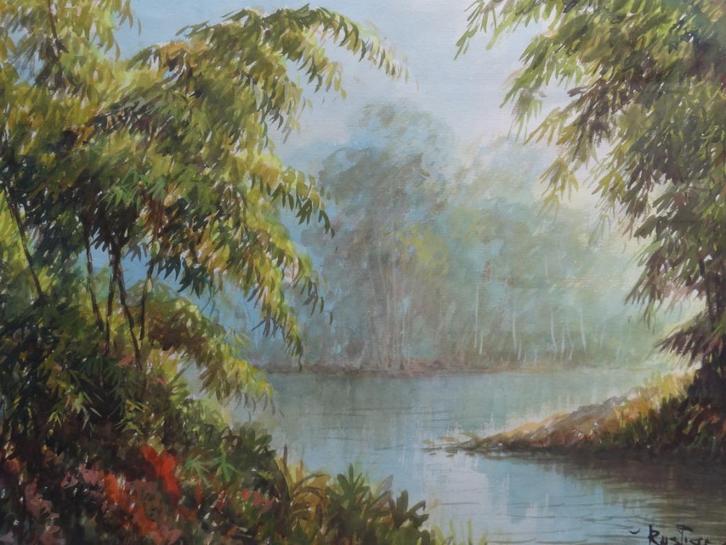 aquarel Indonesie water in oerwoud Rustamadji Java 1921-2001, Antiek en Kunst, Kunst | Schilderijen | Klassiek, Verzenden