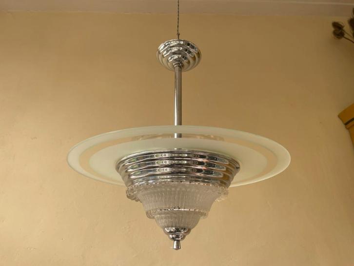 Hanglamp Schijflamp Plafondlamp art deco 1930 Frans, Antiek en Kunst, Antiek | Lampen, Ophalen