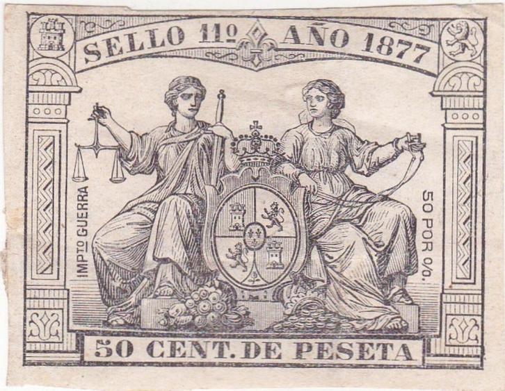 SPANJE BELASTING ZEGEL ANO 1877 50 CENT DE PESETA, Postzegels en Munten, Bankbiljetten | Europa | Niet-Eurobiljetten, Overige landen