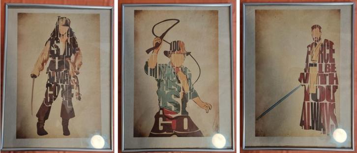 Posters van filmpersonages (set van 3, ingelijst), Verzamelen, Posters, Zo goed als nieuw, Film en Tv, A1 t/m A3, Rechthoekig Staand