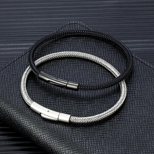 Zwarte Zilveren Stalen Heren Kabel Armband, Sieraden, Tassen en Uiterlijk, Armbanden, Nieuw, Staal, Verzenden