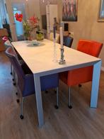 8 leren design eettafelstoelen op wieltjes, Ophalen, Modern design, Gebruikt, 50 tot 100 cm