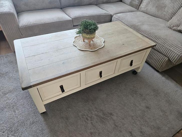 Massief eiken salontafel met 3 lades, Huis en Inrichting, Tafels | Salontafels, Zo goed als nieuw, Minder dan 50 cm, 50 tot 100 cm