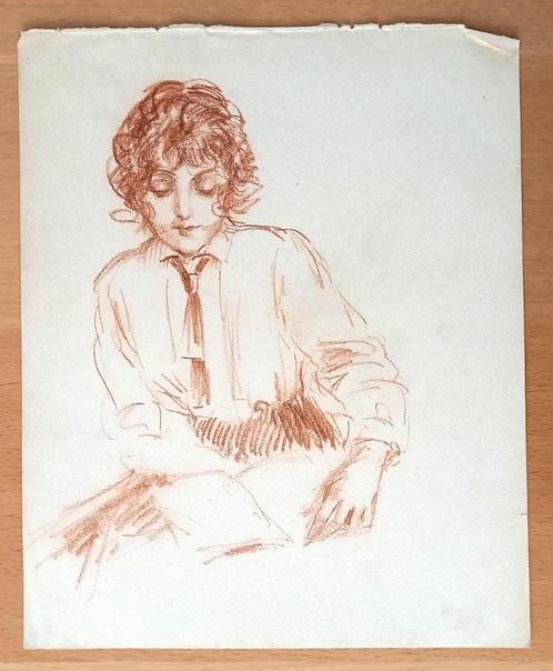 A493-7 Oude tekening Lezende dame met das, Antiek en Kunst, Kunst | Tekeningen en Foto's, Ophalen of Verzenden