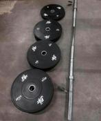100kg Bumperpaltes + Barbell 220cm ,20kg, Ophalen, Zo goed als nieuw, Halterschijven