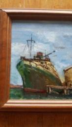 Olieverf vissersschip aan kade met loods vissersboot., Ophalen