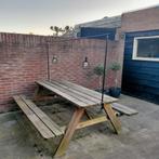 Te koop: robuuste picknicktafel 2.10 lang, Ophalen, Zo goed als nieuw, Rechthoekig