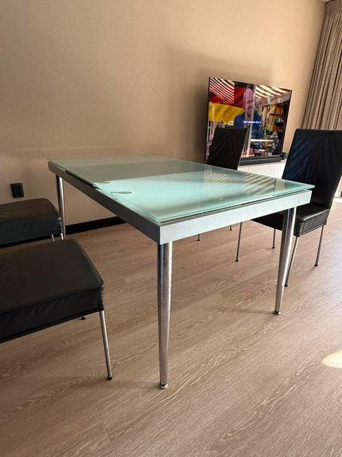 Eetkamertafel glas, verlengbaar., Huis en Inrichting, Tafels | Eettafels, Gebruikt, 50 tot 100 cm, 150 tot 200 cm, Vijf personen of meer