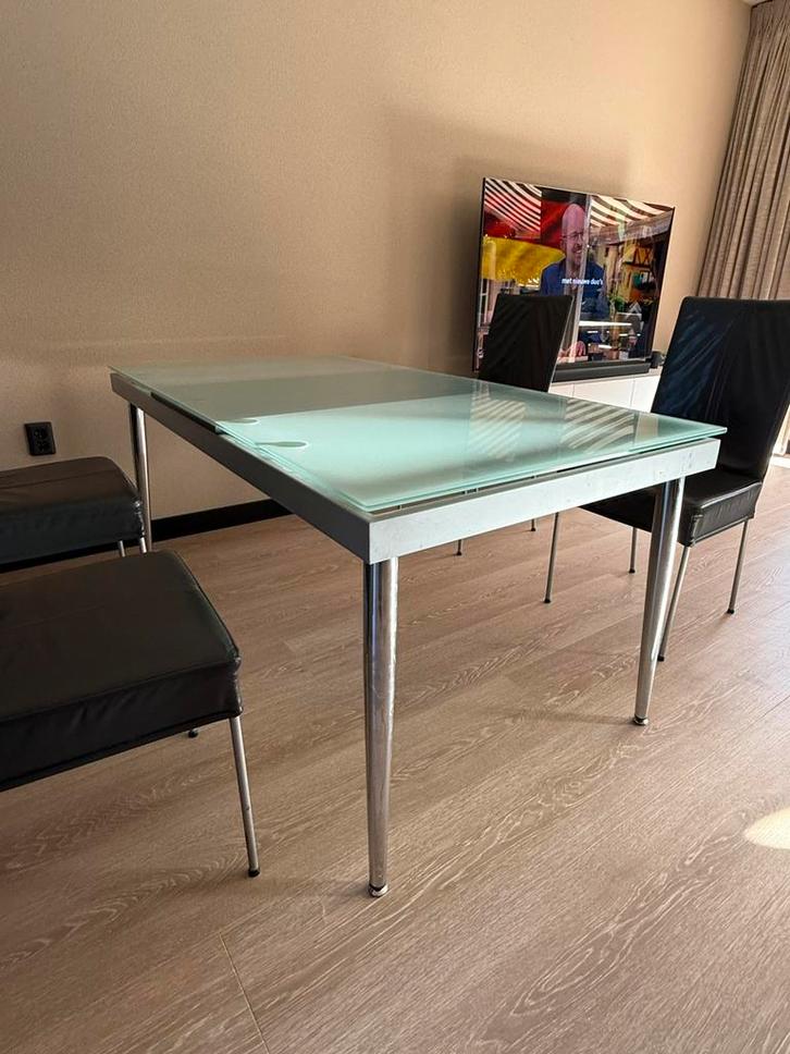 Eetkamertafel glas, verlengbaar., Huis en Inrichting, Tafels | Eettafels, Gebruikt, 50 tot 100 cm, 150 tot 200 cm, Vijf personen of meer
