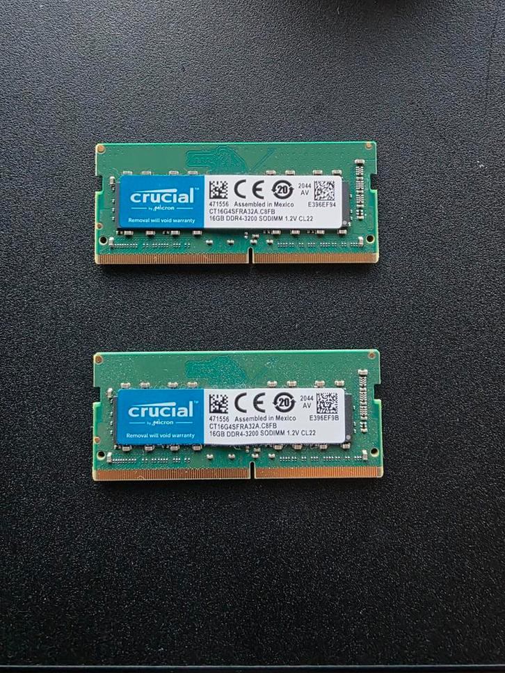 2x 16GB Crucial DDR4 3200 SODIMM Laptop RAM, Computers en Software, RAM geheugen, Gebruikt, Laptop, 16 GB, DDR4, Ophalen of Verzenden