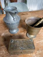 Oude spullen: Tinnen kan, vijzel, kistje, Ophalen of Verzenden