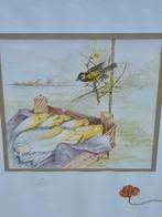 Ton de Jong 2000 aquarel pimpelmees met lof, Ophalen, Minder dan 50 cm, Gebruikt, Minder dan 50 cm