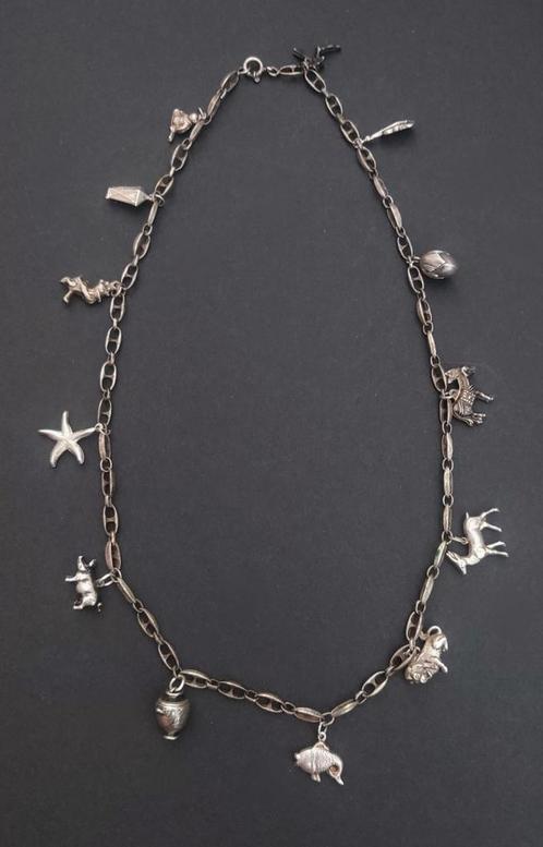 Zilveren bedelketting met 13 zilveren bedels, Sieraden, Tassen en Uiterlijk, Kettingen, Zo goed als nieuw, Zilver, Zilver, Ophalen of Verzenden